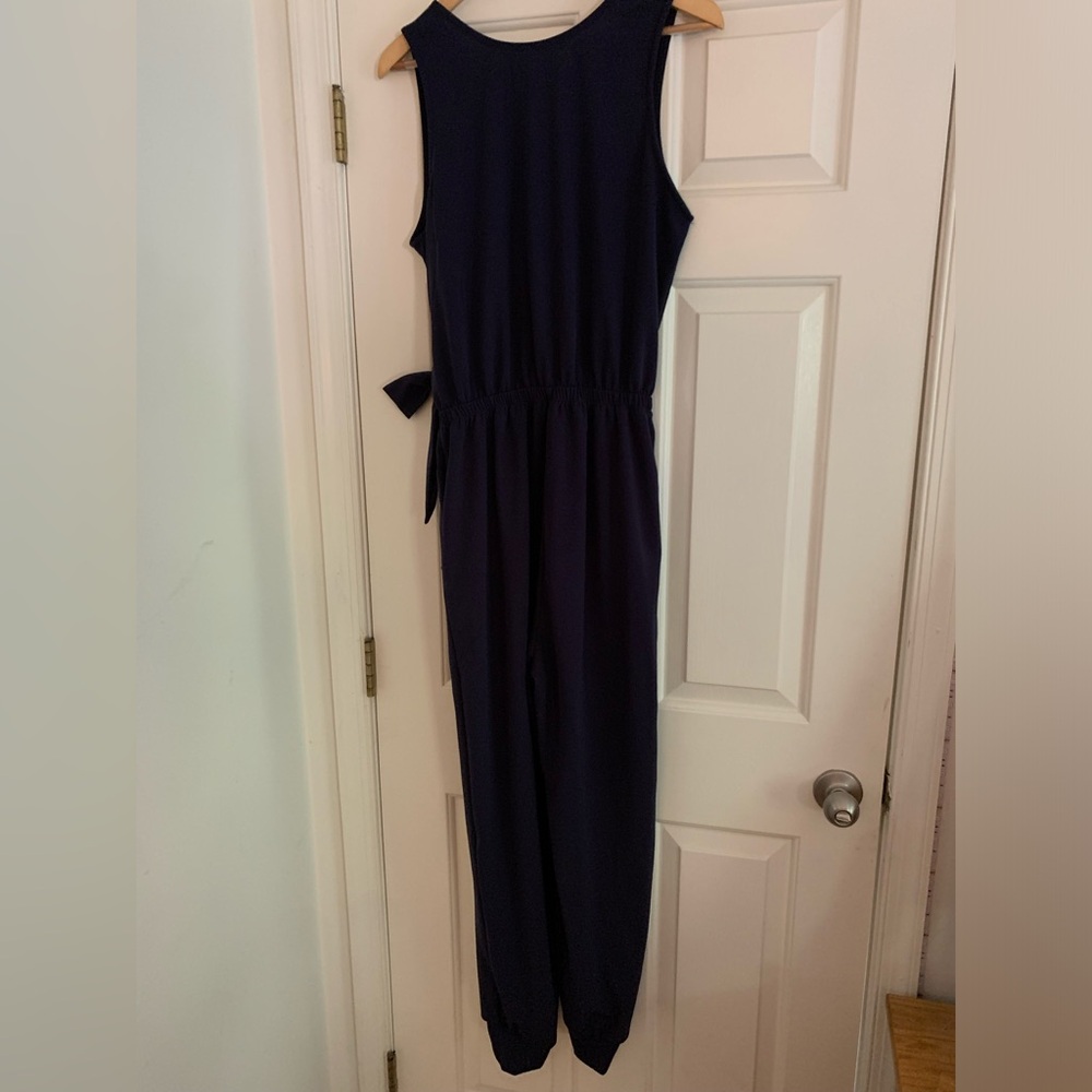 ❄️ SHEIN wrap, side tie Pant Jumpsuit Navy Blue Jogger Style Leg Romper Medium - Picture 4 of 9